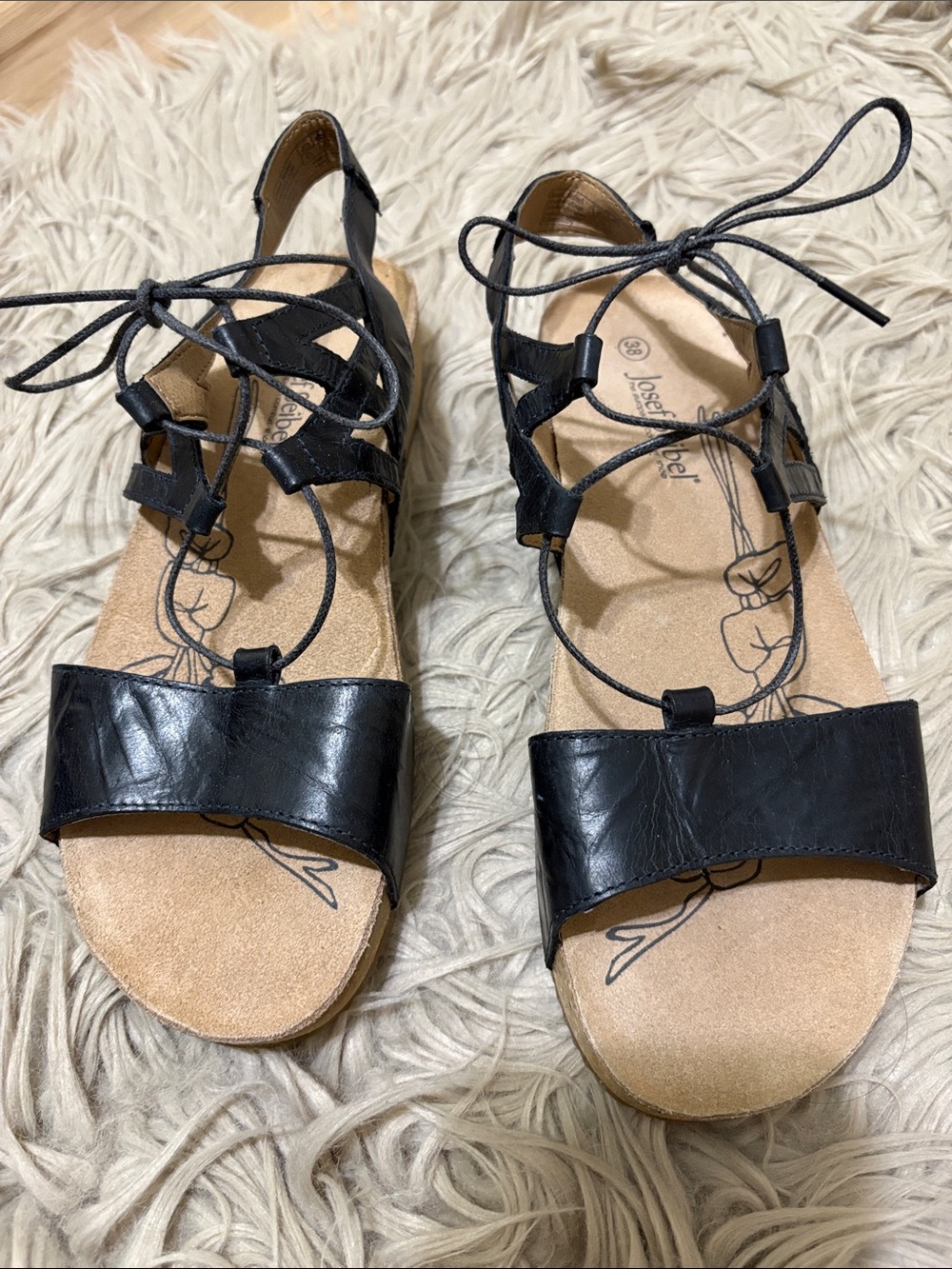 Josef Seibel Black Leather Lace-Up Open-Toe Sandals